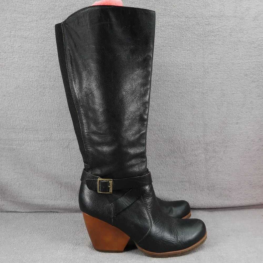 Kork-Ease Natali Womens 9.5 Black Leather Side Zip Buckle Heeled Knee High Boot